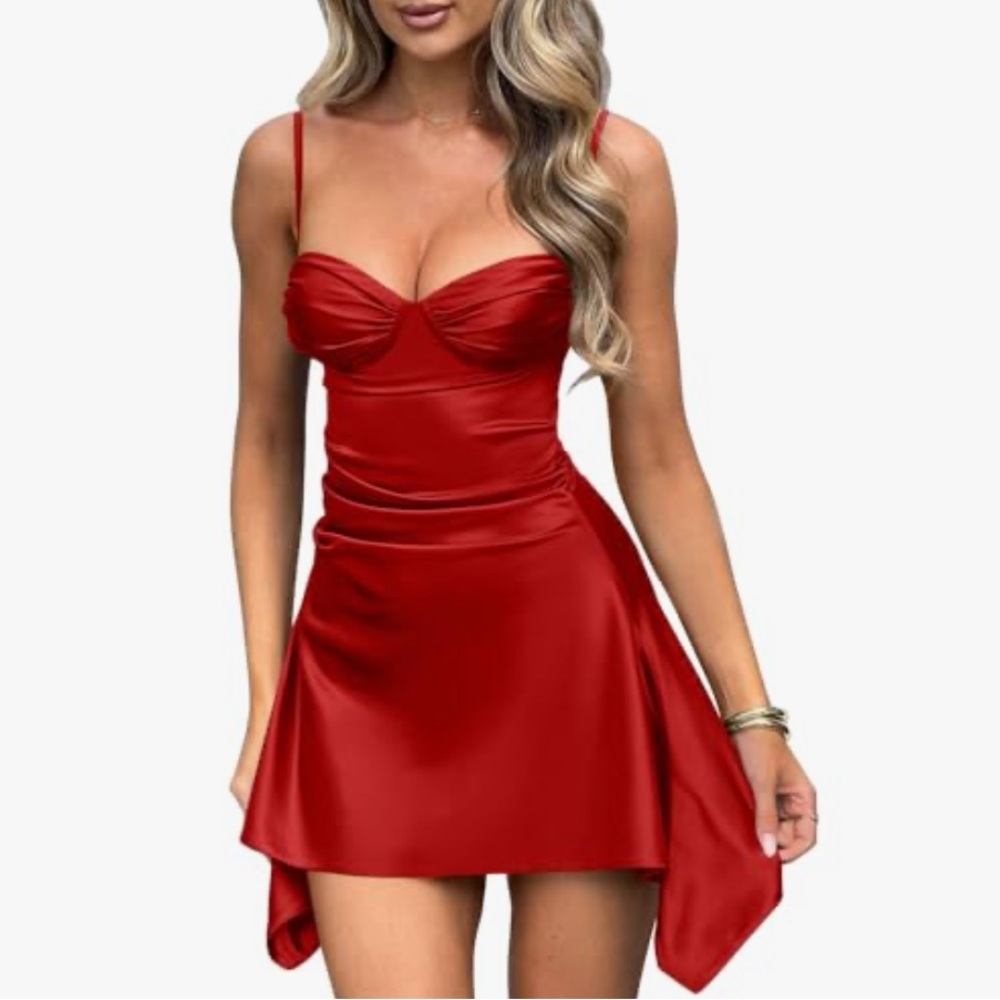 Red Ruched Spaghetti Strap Slip Dress